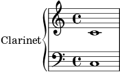 

\new PianoStaff <<
  \set PianoStaff.instrumentName = #"Clarinet"
  \context Staff = "up" { c'1 }
  \context Staff = "down" { \clef bass c1 }
>>

