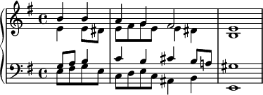 
   \new PianoStaff <<
      \new Staff <<
         \new Voice \relative c'' {
             \stemUp \clef treble \key e \minor \time 4/4
             \partial2 b4 b a g fis2 e1
             }
         \new Voice \relative c' {
             \stemDown
              \partial2 e4 e8 dis e fis g e e4 dis b1
              }
            >>
     \new Staff <<
         \new Voice \relative c' {
             \stemUp \clef bass \key e \minor \time 4/4
             \partial2 g8 a b4 c b cis b8 a! gis1
             }
         \new Voice \relative c {
             \stemDown
             \partial2 e8 fis g e c d e c ais4 b e,1
             }
         >>
    >>
